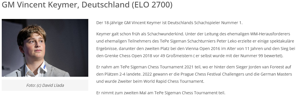 GM Vincent Keymer, Germany (ELO 2700) – Tepe Sigeman & Co Chess